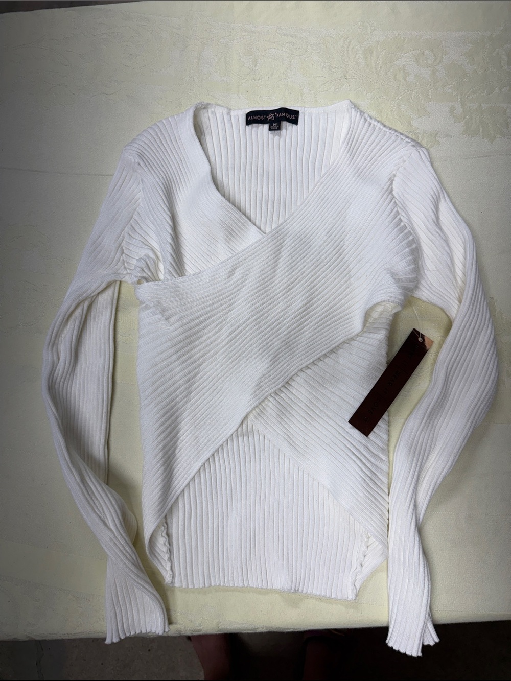 Almost Famous White Ribbed Wrap V-Neck Sweater